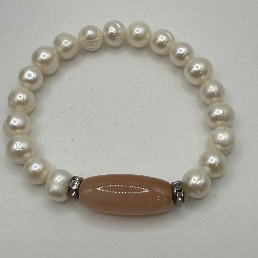 Genuine Pearl And Peach Quartz Stretch Bracelet with Rhinestone Spacer Beads